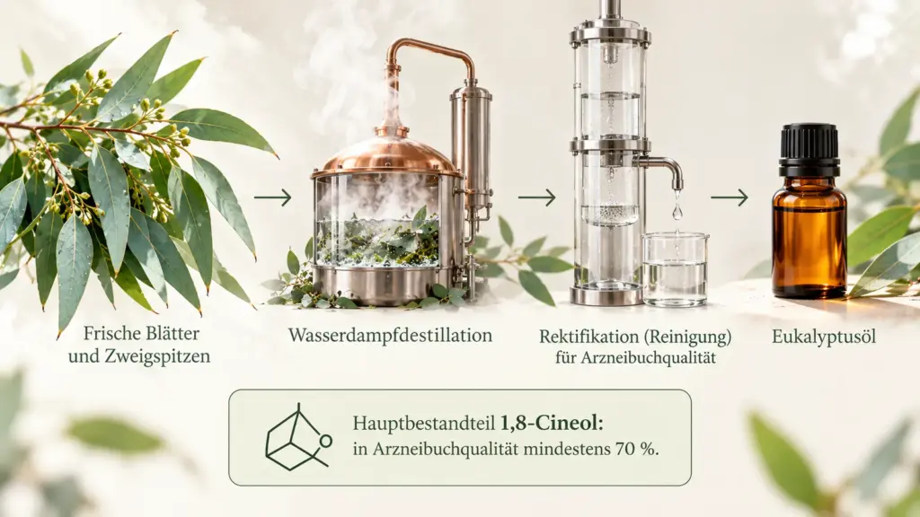 Infografik: Frische Eukalyptusblätter und Zweigspitzen werden per Wasserdampfdestillation und Rektifikation zu Eukalyptusöl, Hauptbestandteil 1,8-Cineol mit mindestens 70 Prozent in Arzneibuchqualität